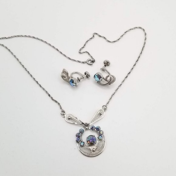 Dixelle Vintage Sterling Necklace & Screw-on Earring Set AB Rhinestone - Picture 3 of 13